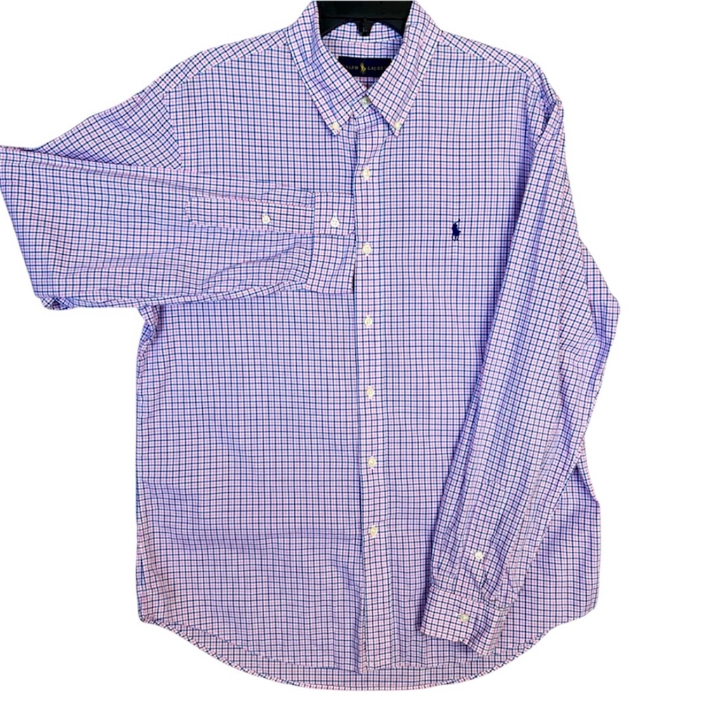 Polo Ralph Lauren Pink and Blue Casual Button Down Plaid Gingham Preppy Shirt L